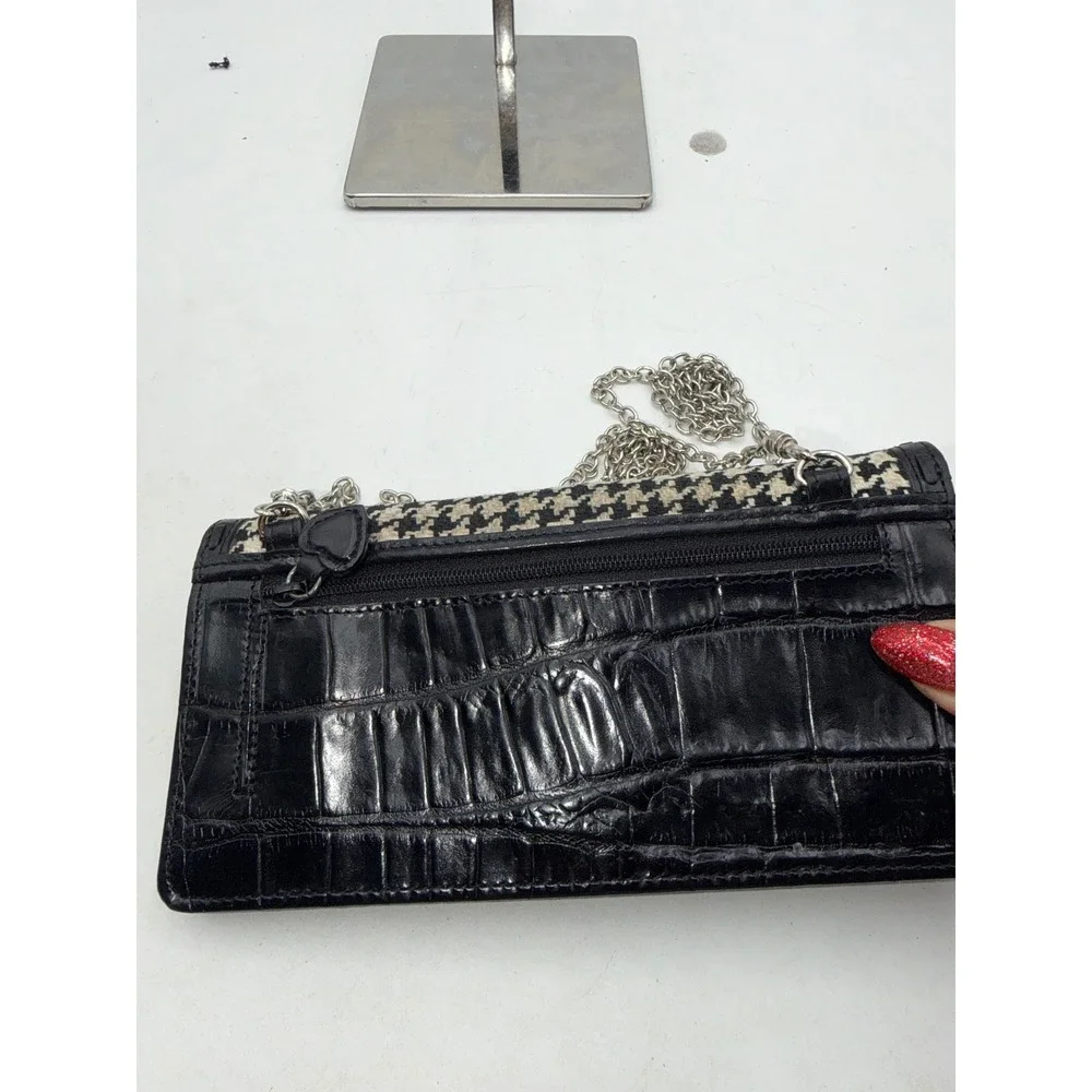 Brighton Houndstooth Croc Embossed Leather Crossbody Wallet Bag Black Cream Bow